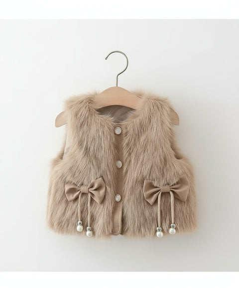Cute Faux Fur Sleeveless Jackets with Bow Design