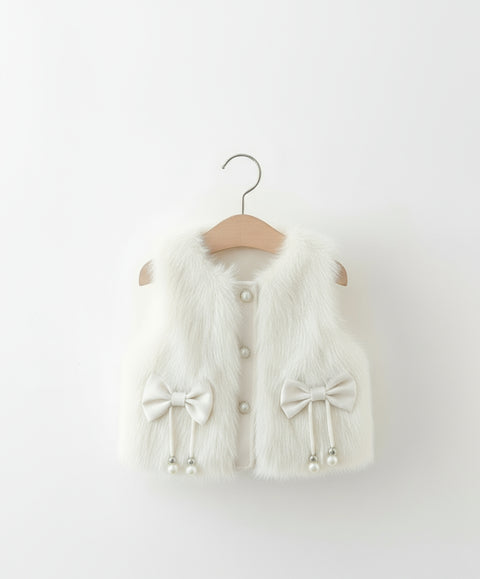 Cute Faux Fur Sleeveless Jackets with Bow Design