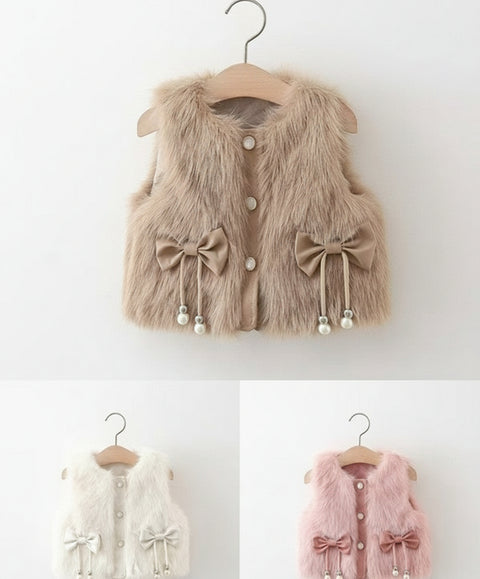 Cute Faux Fur Sleeveless Jackets with Bow Design