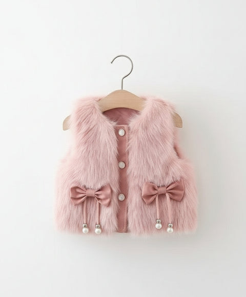 Cute Faux Fur Sleeveless Jackets with Bow Design