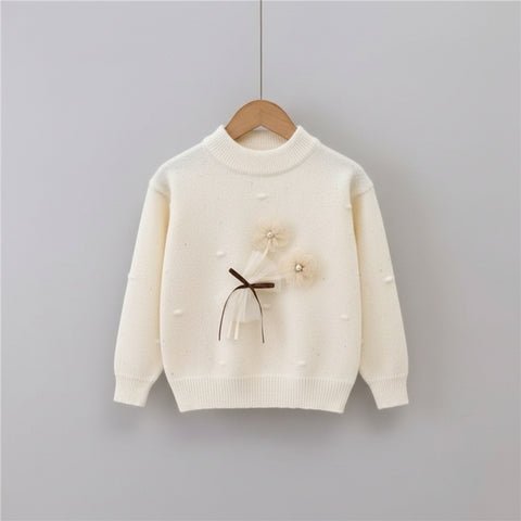 “Cute Winter Knit Sweaters with Floral Bow Design for Girls”