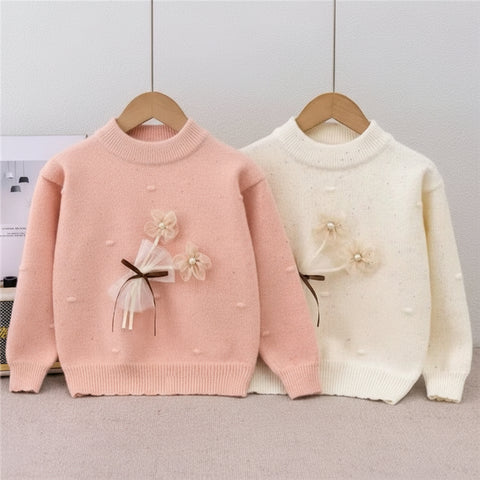 “Cute Winter Knit Sweaters with Floral Bow Design for Girls”