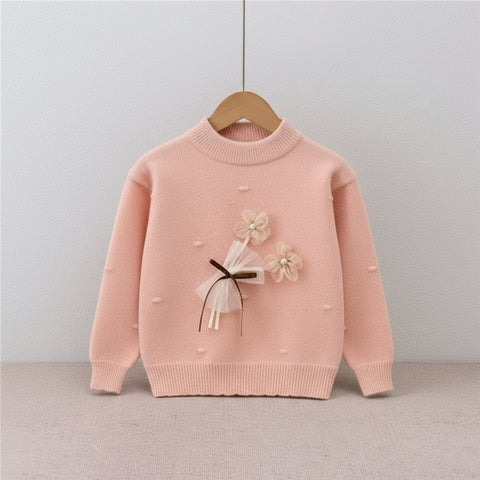 “Cute Winter Knit Sweaters with Floral Bow Design for Girls”