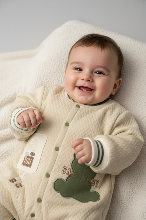 Baby Winter-Romper with Teddy Design (Beige & Green)