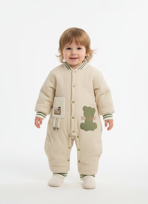 Baby Winter-Romper with Teddy Design (Beige & Green)